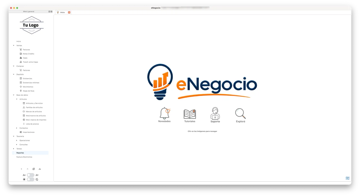 Pantalla de inicio de eNegocio de escritorio